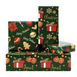 4 Sheet Green Christmas Wrapping Paper,Merry Christmas Red Flower Gift Wrapping Paper Candy Cane Snowflake Red Berry Holiday Women Man Gift Wrap Paper for Christmas Winter Festival,28*20 Inches