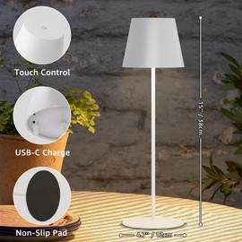 uuffoo 2 Pack Cordless Rechargeable Table Lamps, 5200mAh Battery Powered Outdoor Table Lamps with 3 Colors Stepless Dimming, Desk Night Light for Restaurant, Patio, Bedroom, Bar (White)
