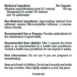 Thorne Rhodiola - Botanical Supplement for Stress Relief - Enhances Positivity, Sleep, and Mental Focus - 60 Capsules - 60 Servings