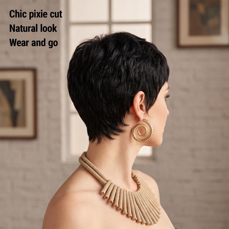2 Pcs Glueless Pixie Cut Wig, Short Black Wig with