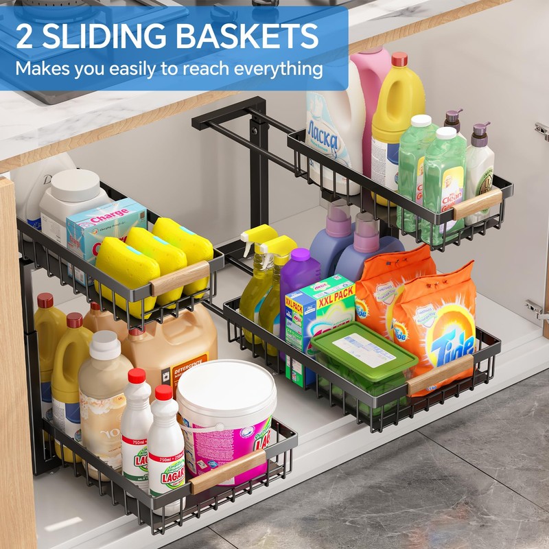 Under Sink Organizer,2 Pack Under Sink Organizers and Storage Basket,