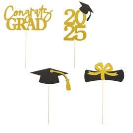 2025 Graduation Party Centerpiece Sticks - Double Sided Gold Graduation Decorations, Class of 2025 Table Toppers, Grad Cap Sticks for Graduation Party Supplies (16 PCS, Black)