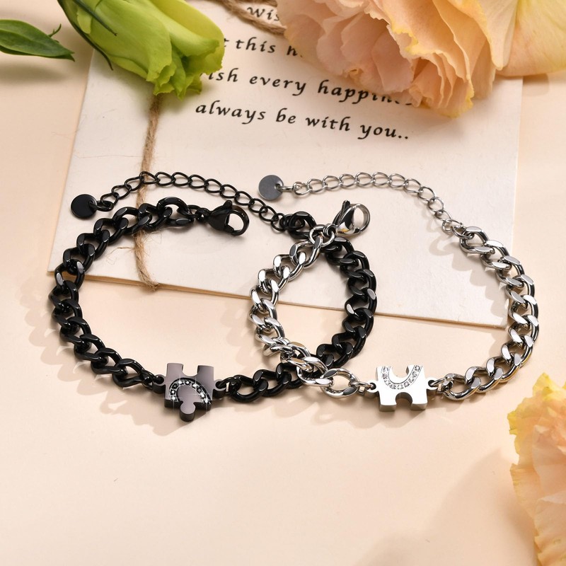 Matching Bracelets for Couples: Puzzle Stainless Steel Link Chain Bracelets