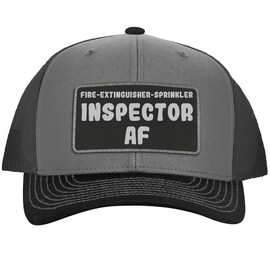 Fire-Extinguisher-Sprinkler Inspector AF - Leather Black Patch Engraved Trucker Hat, Grey-Steel, One Size