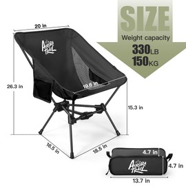 AuraroTrail Ultralight Backpacking Chair,2.2lb Compact Folding Camping Chair,Supports 300lbs,Portable Travel & Hiking Chair,Lightweight Design,Perfect for Hiking Gear, Picnics and Traveling, (Black)