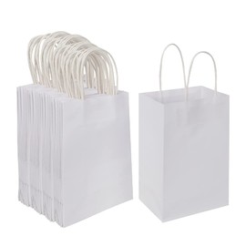 Oikss 100 Pack 5.25x3.25x8.25 Inch Small White Kraft Paper Bags with Handles Bulk for Birthday Wedding Party Favors Grocery Retail Shopping Business Goody Craft Gift Bags Cub Sacks (100pcs Count)