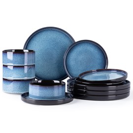 LeRatio Ceramic Dinnerware Sets for 4,Round Reactive Glaze Ceramic Plates and Bowls Set,Highly Chip and Crack Resistant | Dishwasher & Microwave Safe Dishes Set,Service for 4 (12pc)-Blue