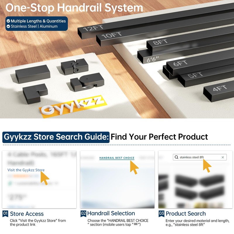 Gyykzz 6'6" Black Cable Railing Handrail, Stainless Steel T304 Rectangular