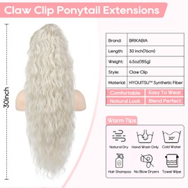 Brikabia Ponytail Extension 30" Long Claw Clip Ponytail Extensions Curly Wavy Pony Tails Hair Extensions Synthetic Hairpiece, Platinum Blonde