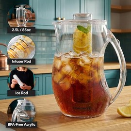 OVENTE - Jarra de agua para infusión de frutas de 2.5 l (85 onzas) con tapa extraíble y barra de infusor, jarra de bebidas acrílica sin BPA, ideal para bebidas con sabor a limonada, jugo, té helado y
