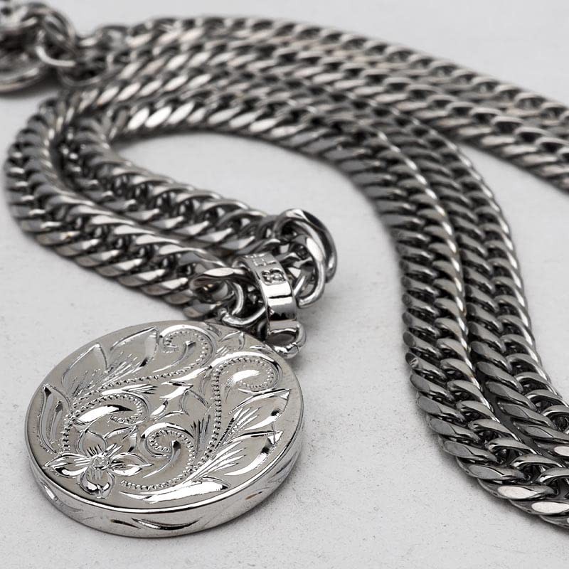 BFF Brand Coin Necklace, Double Curved, 6-sided Cut, Plumeria Maile