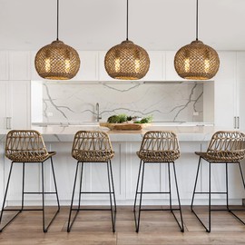 HUAHENGHAO 1 Pack 13.78Inch Rattan Pedan Light, 2-Lights Boho Chandelier Farmhouse Hand-Woven Rattan Pendant Lights Kitchen Island Bedroom Living Room Foyer Hallway