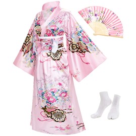 Japanese Anime Women's Long Kimono Robe Fancy Dress Hand Held Silk Folding Fans Tabi Socks OBI Belt Set Pink Plus Size
