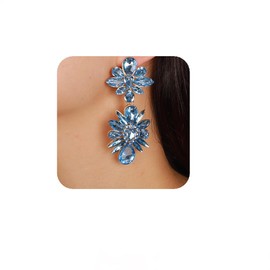YERTTER Vintage Colorful Crystal Drop Dangle Earrings Flower Chic Rhinestone Earrings Long Ear Stud for Wedding Women Brides (Light Blue)