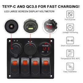Garfour Green 4 Gang Marine Waterproof Boat Switch Panel Aluminium Panel with 12V Voltmeter Type-C and QC3.0 USB Charging Socket Rocker Witch Panel for Car Boat