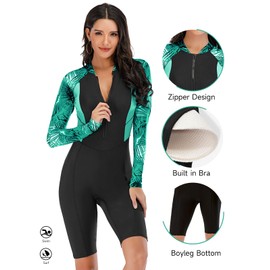 VUTRU Womens One Piece Swimsuit Long Sleeve Rash Guard Padded Bathing Suit UV Protection Front Zip Surf Wetsuit (Green Leaf,M)