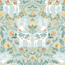 VaryStyle Vintage Deer Floral Peel and Stick Wallpaper Green Scandinavian Folk Animal Forest Wallpaper for Bathroom Waterproof Vinyl Removable Green Floral Contact Paper for Cabinets Drawer 17.7"x118"