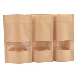Katfort Stand Up Pouches 100pcs, 7.8''×4.6'' Resealable Bags for Small Business, Resealable Kraft Paper Bags with Window, Paper Bakery Bag for Small Business, Family, Company