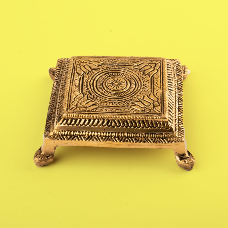 Tarini Gallery Brass Handcarved Chowki Small Stool Bajot elevated Engraved