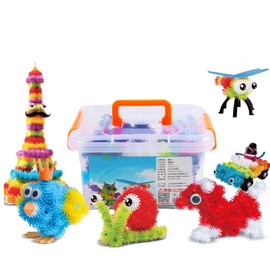 Arlent 400pcs Building Blocks with Storage Box DIY Creative Interlocking Solid Plastic Plum Blossom Sticky Thorn Puff Balls Assembling Educational Puzzle Building Toys for 4 5 6+ Years Boys Girls