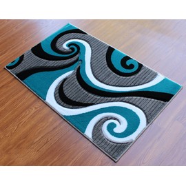 Masada Rugs, Sophia Collection Hand Carved Area Rug Modern Contemporary Turquoise White Grey Black (2 Feet X 3 Feet 4 Inch) Mat