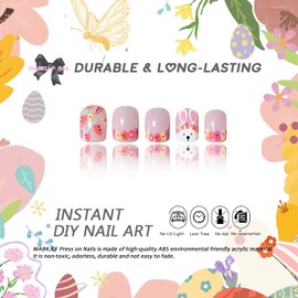 Easter Press on Nails Short Square Petite French Tip Fake Nails Full Cover Bunny False Nails with Floral Nail Tip Designs Glossy Glue on Nails Cute Acrylic Nails Artificial Nails for Girls Women 24Pcs