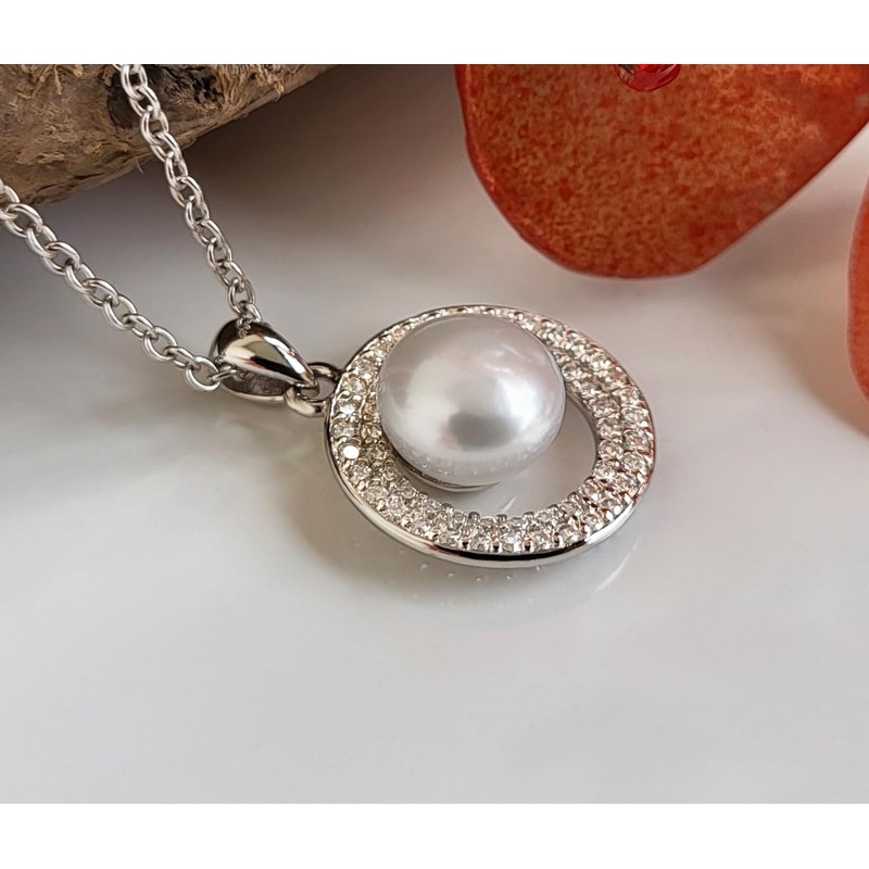 Schöner-SD 925 Silver Necklace with Pearl Pendant Freshwater Pearl Cubic