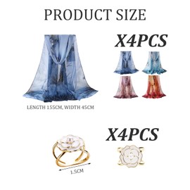 COACOM 4 x Chiffon Scarves, 4 x Silk Scarf Buckles, Fashionable Women's Chiffon Scarf, Soft Printed Silk Scarf, Elegant Vintage Silk Scarf, Lightweight Neck Scarf, red