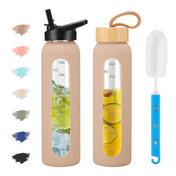 SIEROZUR 32oz Glass Water Bottles with Straw and 2 Lids-Handle