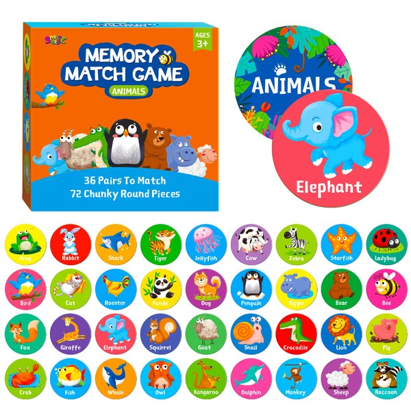 Memory Matching Game, 72 PCS Animal Matching Cards for Toddlers 36 Pairs Memory Cards for Preschool 4 5 6 Years Old
