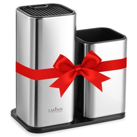 Knife Holder and Utensil Holder - Stainless-Steel Modern Rectangular Design Universal Knife Block and Kitchen Utensils Organizer for Counter-top