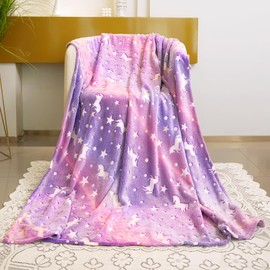 Unicorn Blanket for Girls, Glow in The Dark Blankets for Kids Rainbow Throw Blanket Soft Fleece Luminous Toddler Blanket Birthday Gifts for Age 2 3 4 5 6 7 8 9 10 11 12 Year Old, 50" x 60", Purple