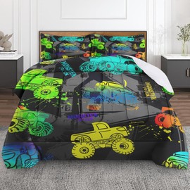 Culudea Abstract Monster Truck Comforter Set Twin Size, Car Shabby Dots Soft Bedding Set with Pillowcases for Girls Teens Kids Boys Adults Bedroom Bed Decor,1 Quilt 1 Pillow Case