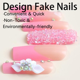 Press on Nails Long Coffin French Tips Glossy Full Cover Acrylic Extra Long Square Pink False Nails with Flower Rhinestone Designs Artificial Fake Nails with Charm Glue Stick on Fingernails for Women
