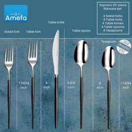 Amefa Soprano - Juego de cubiertos de 20 piezas, servicio para cubiertos de acero inoxidable 4-18/10 con asas negras, juego de cubiertos resistentes a la corrosión, utensilios esenciales para