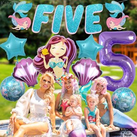 KatchOn, Mermaid 5th Birthday Decorations Girl - Pack 9 | Mermaid Birthday Decorations for Girls 5 | Mermaid Birthday Party Supplies | Mermaid Balloons 5, Little Mermaid Party Decorations 5 Year Old