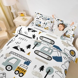 Homemissing Construction Duvet Covers Cartoon Equipment Truck Set Duvet Cover 135 x 200 cm Car Excavator Tractor Vehicles White Duvet Cover