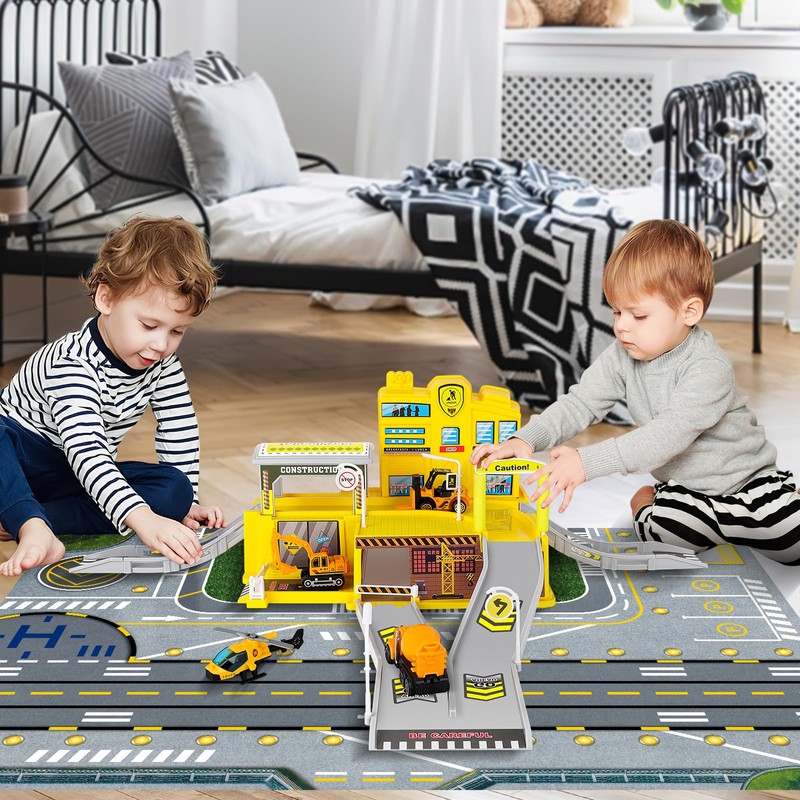 deAO City Construction Station with Excavator, Helicopter, Forklift, Concrete Mixer