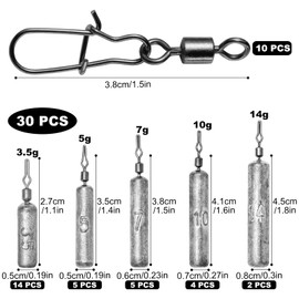 Realure 30 Pcs/5 Sizes Drop Shot Weights with Swivel Ring, 3.5g 5g 7g 10g 14g Small Cylinder Sea Fishing Weights Anti Rust Sinkers, for Saltwater Freshwater River Carp Fishing