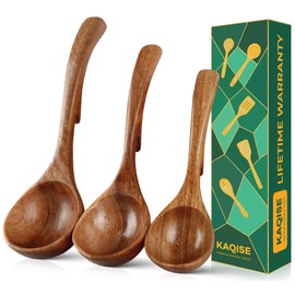 KAQISE Wooden Ladle Spoon Set, 3 Sizes Teak Wood Cooking Utensils, Non-Stick Wooden Spoon Set with Back Hook, Wood Soup Ladles & Spoons for Cooking, Serving and Stirring