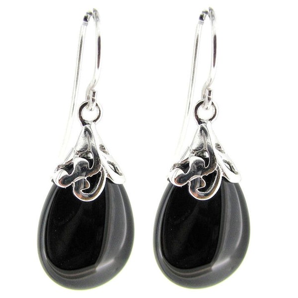 Natural Onyx Black Teardrop Sterling Silver Filigree Flower Bail and
