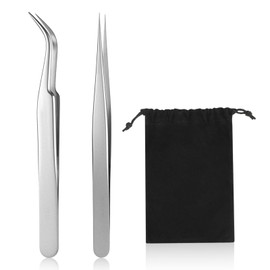 2pcs Nail Sticker Tweezers Nail Tweezers for Nail Art Eyelash Extension Tweezer Fiber Tip Stainless Steel False Lash Application Tools with Bag, Curved and Straight Tip, Precision Micro Tweezer