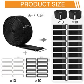 5 m x 5 cm Tape with 20 Buckles, Free Cutting Length, Cable Ties, Resealable, Cable Tie, Tape, Black for Cables, Cords, Hoses, etc