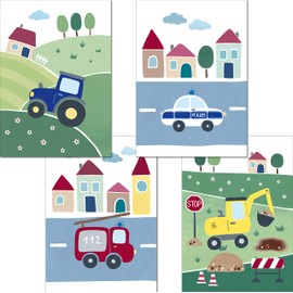 LALELU-Prints Set of 4 Children's Room Pictures, Cute Vehicles, Just the Right for Little Boys, Perfect for Baby Room (DIN A4 without Frame)