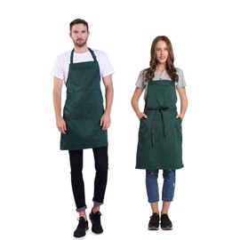 BIGHAS Adjustable Bib Apron with Pocket Extra Long Ties for Women Men, 13 Colors, Chef, Kitchen, Home, Restaurant, Cafe, Cooking, Baking, Gardening (Dark Green)