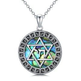 enjoylifecreative Sterling Silver Star of David Necklace Hebrew Chai Necklace Abalone Shell Star of David Pendant for Women Men Jewish Jewellery