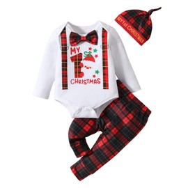 My First Christmas Newborn Baby Boy Outfits Bow Tie Romper Long Sleeve Bodysuit + Pants + Hat Set Gentleman Suit 3Pcs Xmas Clothes (Red, 3-6 Months)