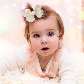 Zolyco Tiny 3 Inch Hair Bow Clips Thick Ribbon - Cute Lined Boutique Alligator Hairpin for Girls, Toddlers, and Little Teens - Kids Barrettes Set of 2 Small Stylish (Light Yellow)