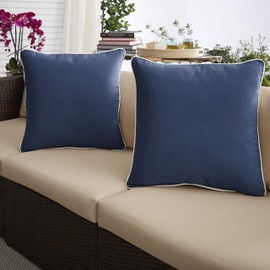 Mozaic Company AMPS111183 Indoor Outdoor Sunbrella Square Pillow with Corded Edges, Set of 2, 20 x 20, Canvas Navy Blue & Canvas Natural Ivory