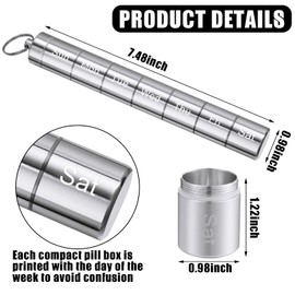 Vesici 2 Pack Metal Weekly Pill Organizer Travel Pill Container with Keychain 7 Day Weekly Waterproof Small Capsules Holder Case Box Stackable for Women Men Travel Outdoor(Black, Silver)